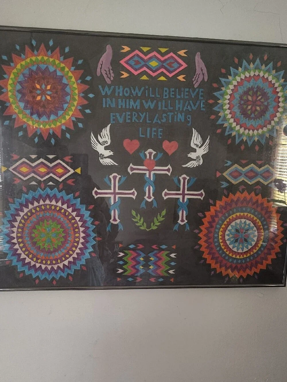 Multicolor Inspirational Cross and Mandala Wall Art - Black